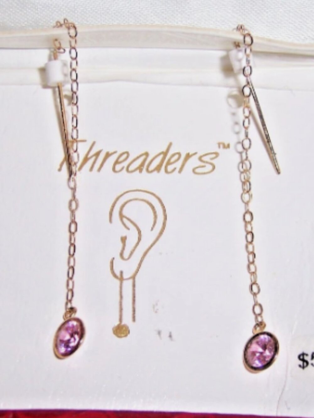 Vintage 14K Yellow Gold PINK Stone Threader Earrings JACMEL NEW in Box